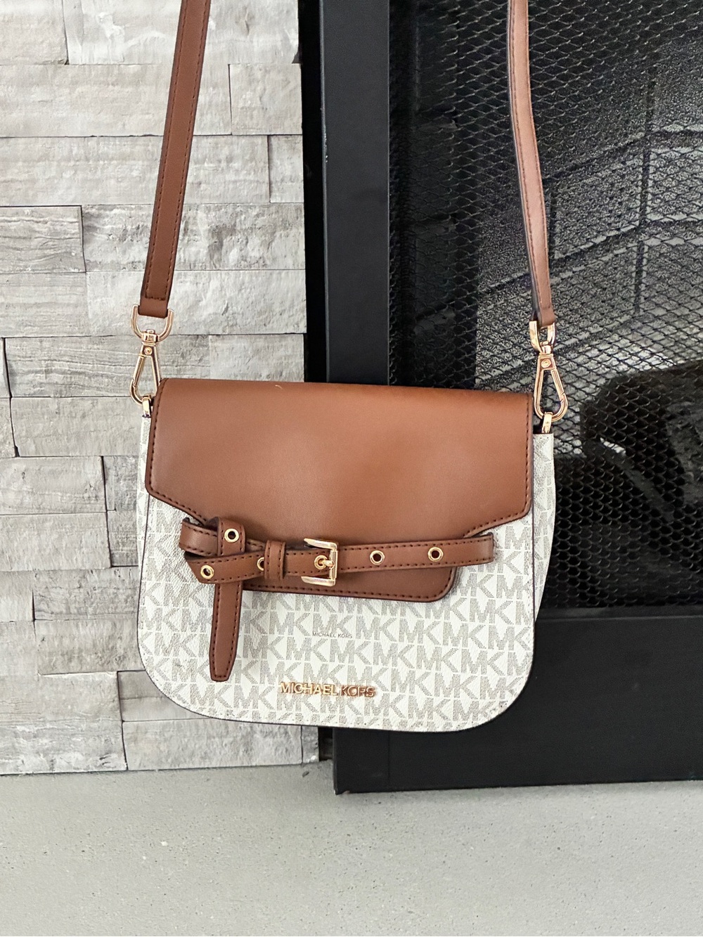 Michael Kors Brown & Cream Signature Belt-Front Crossbody